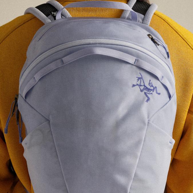 Light purple Arc'teryx backpack on a person's back.