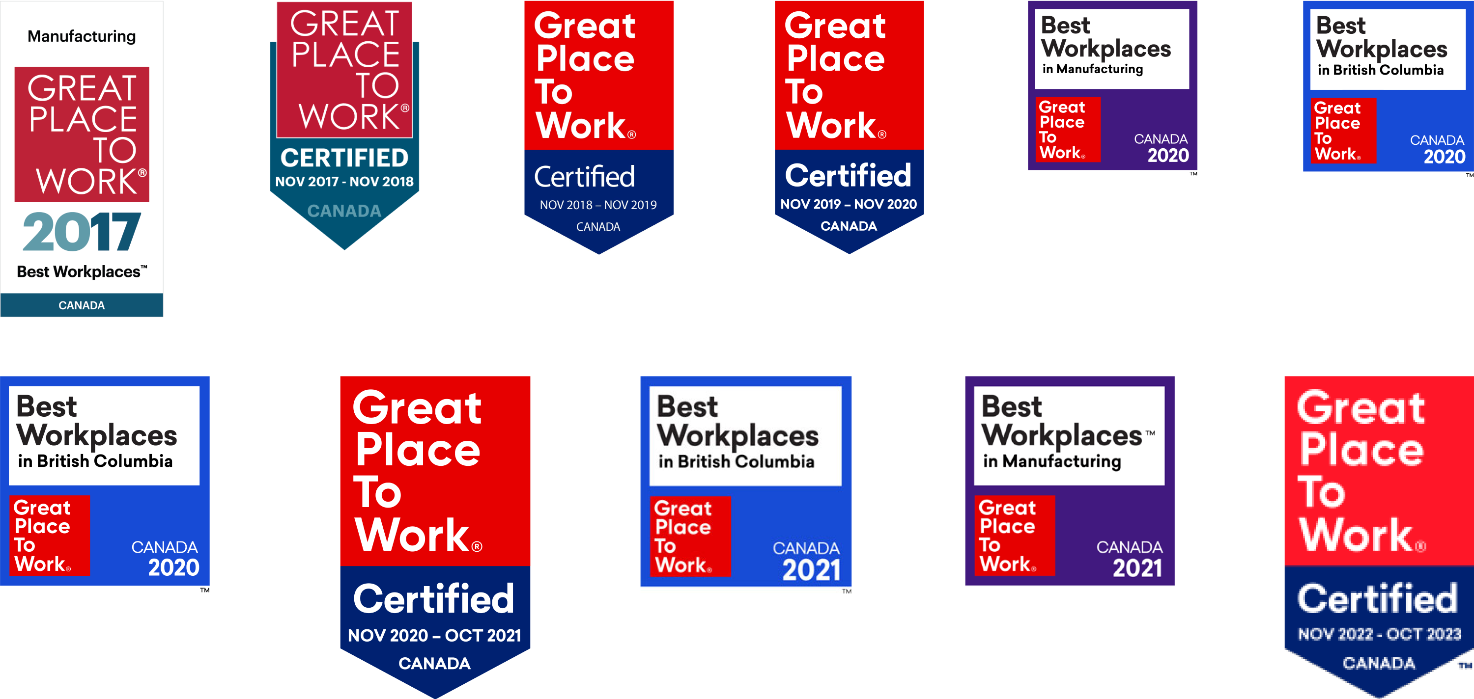 A collection of Great Place To Work badges