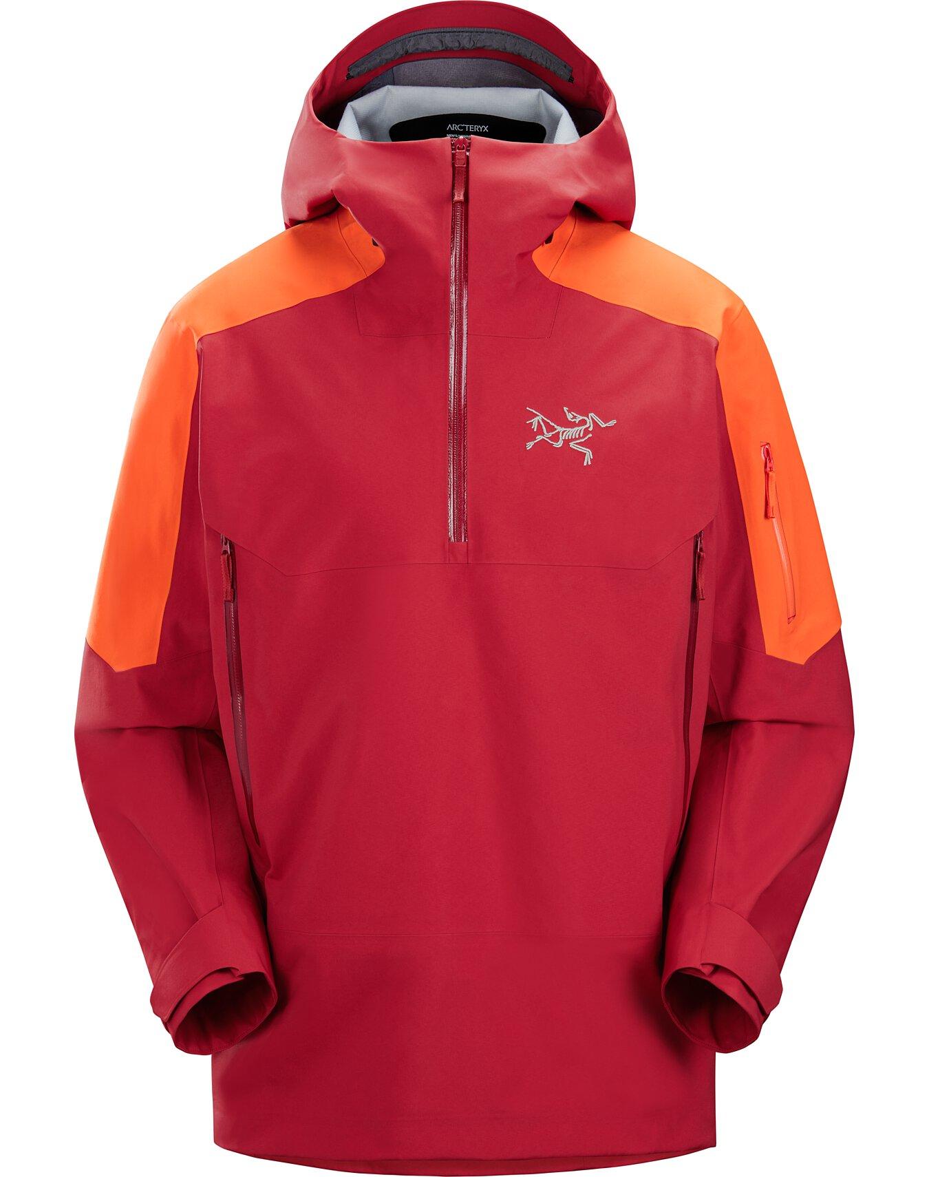 Red and orange Arc'teryx anorak-style jacket with a half-zip.