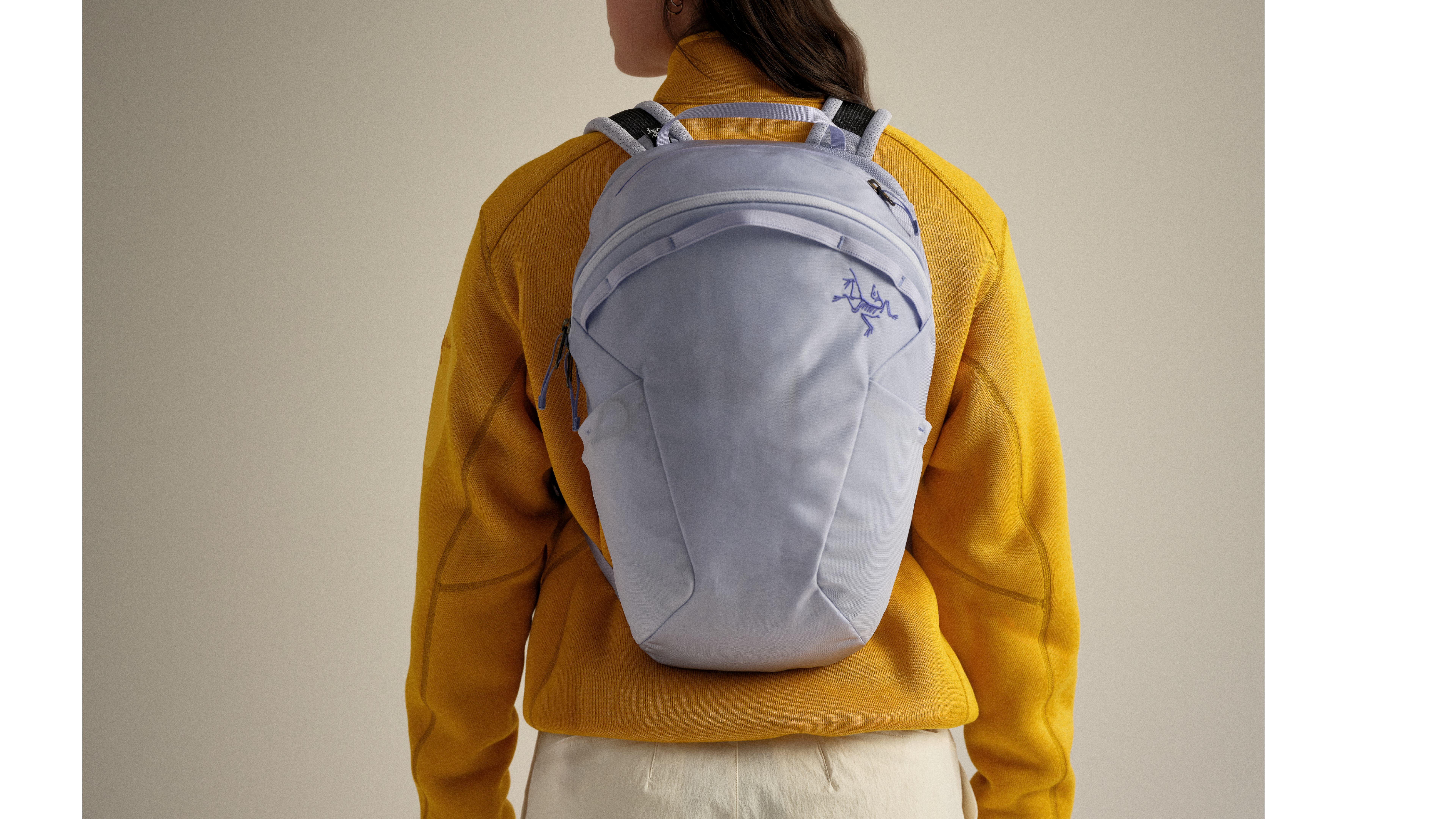 A person from the back wearing a lavender Arc'teryx backpack and a yellow shirt.