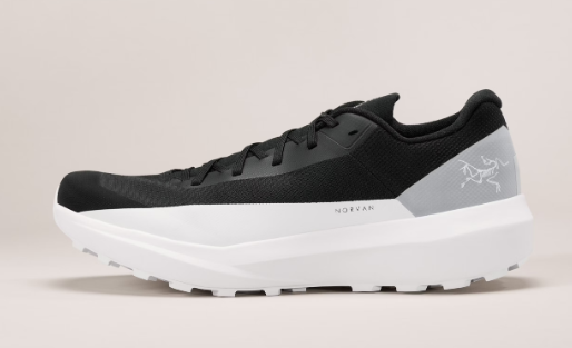 Black and white Arc'teryx Norvan trail running shoe.