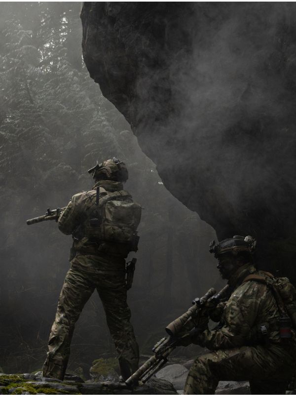 Two camouflaged soldiers in a misty, rocky forest, one standing with a rifle, one crouching with a sniper rifle.
