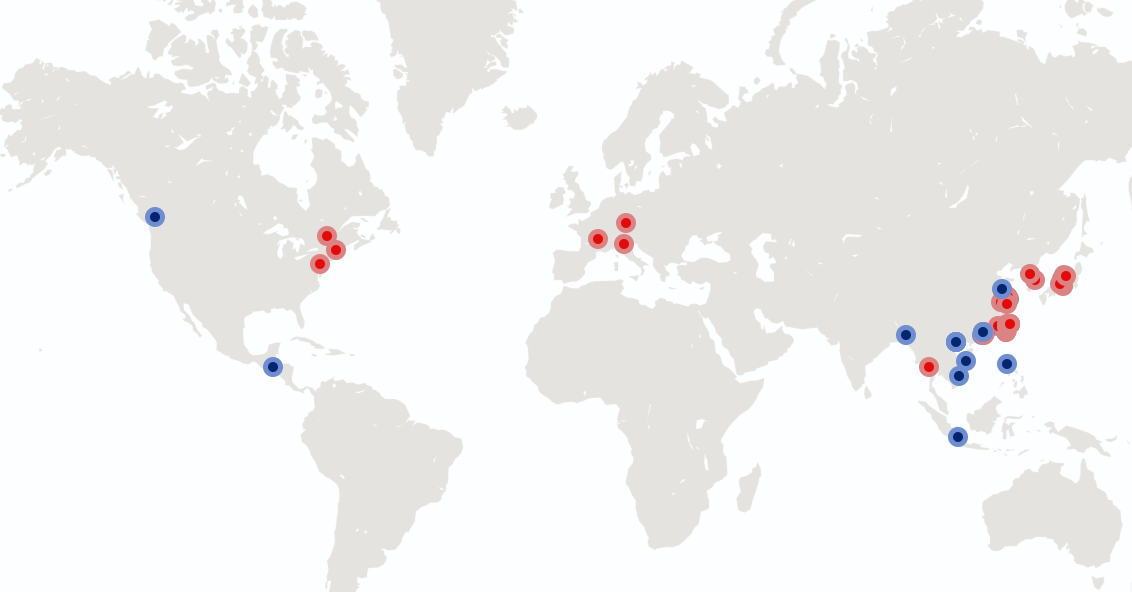 World map with 14 red and 9 blue dots marking locations across North America, Europe, and Asia.