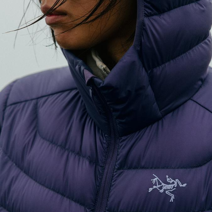 A person wearing a purple Arc'teryx puffer jacket.