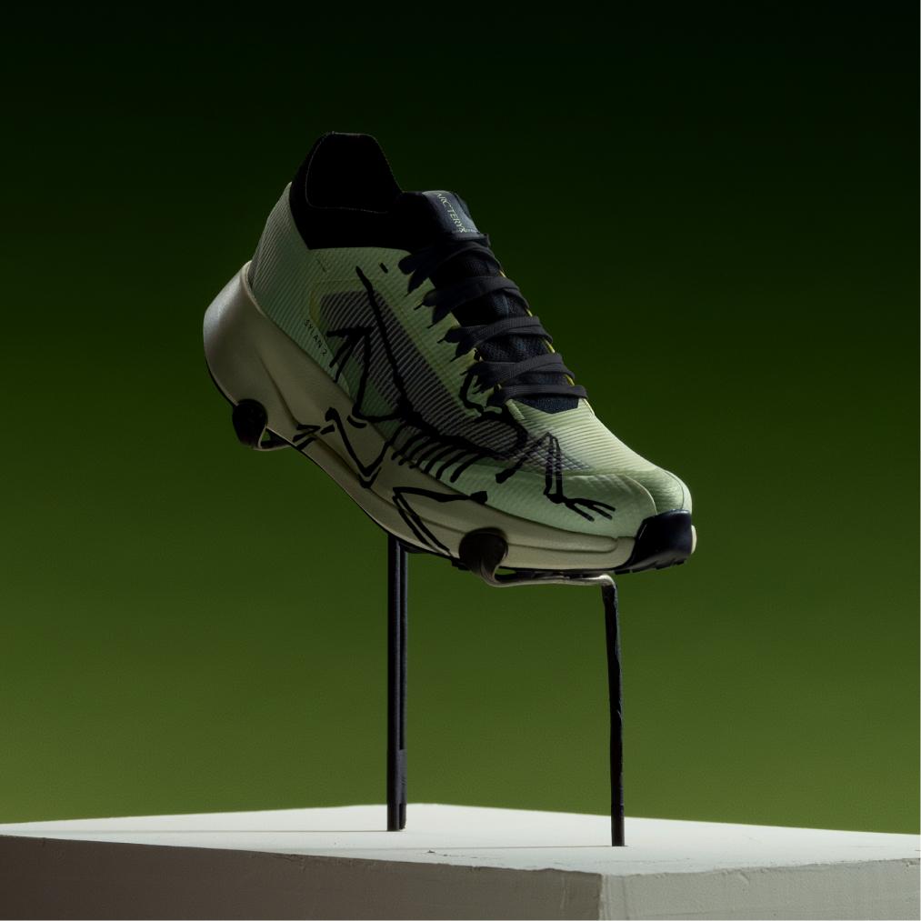 A pale green running shoe with a black frog skeleton graphic, displayed on a stand against a dark green background.