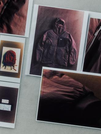 Multiple photos on a surface, centered on a dark hooded outdoor jacket, with images of a red backpack and fabric details.