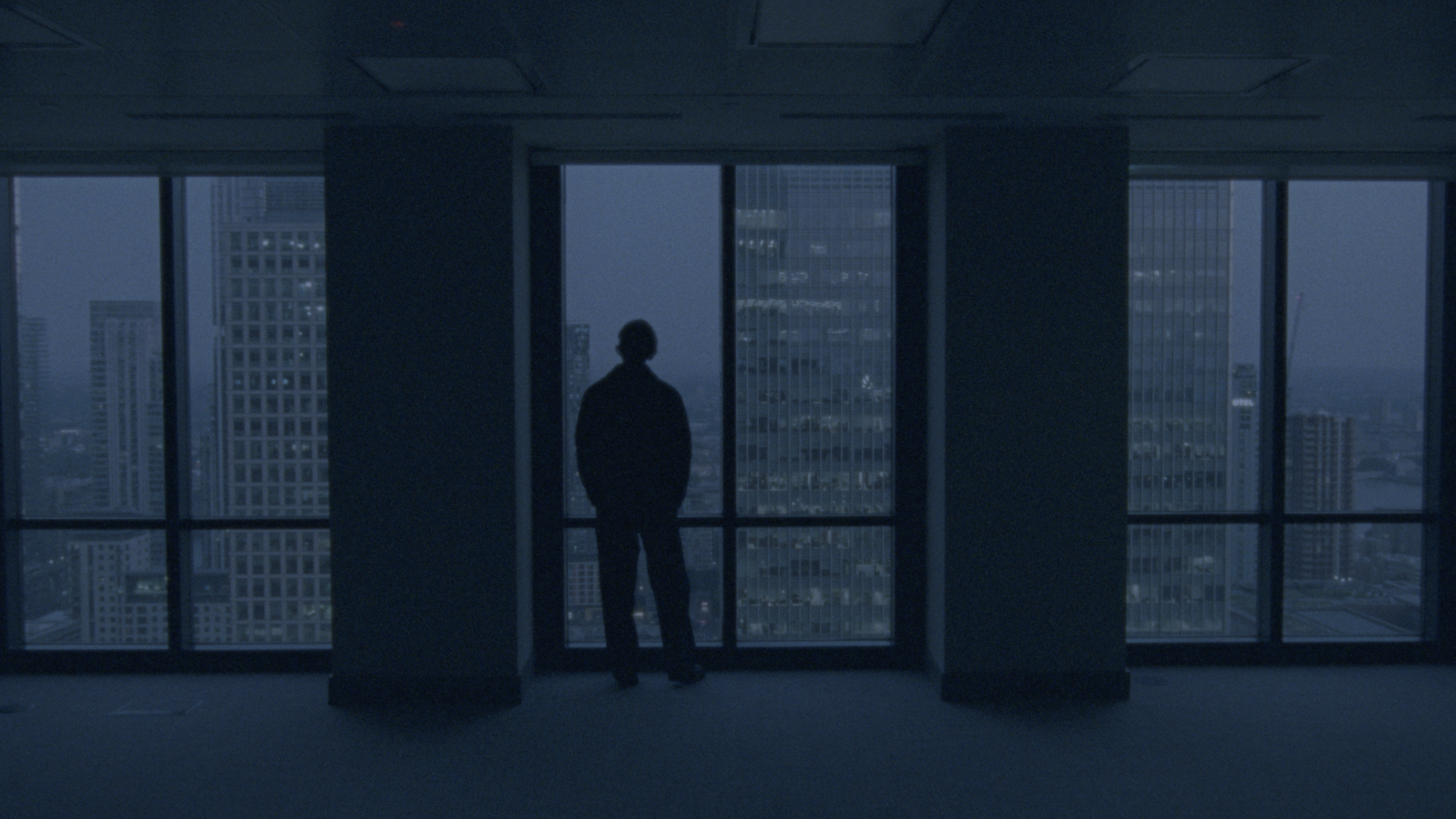 A person's silhouette stands at a window, looking out at a city skyline at dusk.