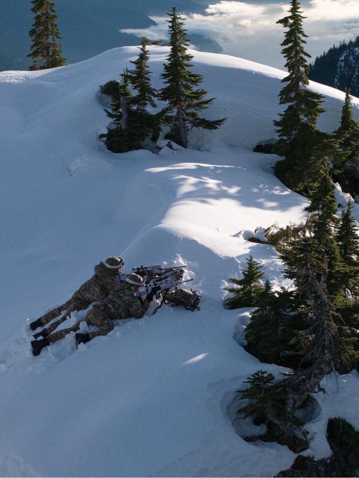 Two camouflaged soldiers lie prone, aiming rifles in a snowy mountain landscape dotted with pine trees.