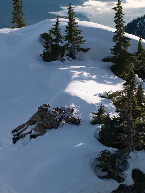 Two camouflaged soldiers lie prone, aiming rifles in a snowy mountain landscape dotted with pine trees.