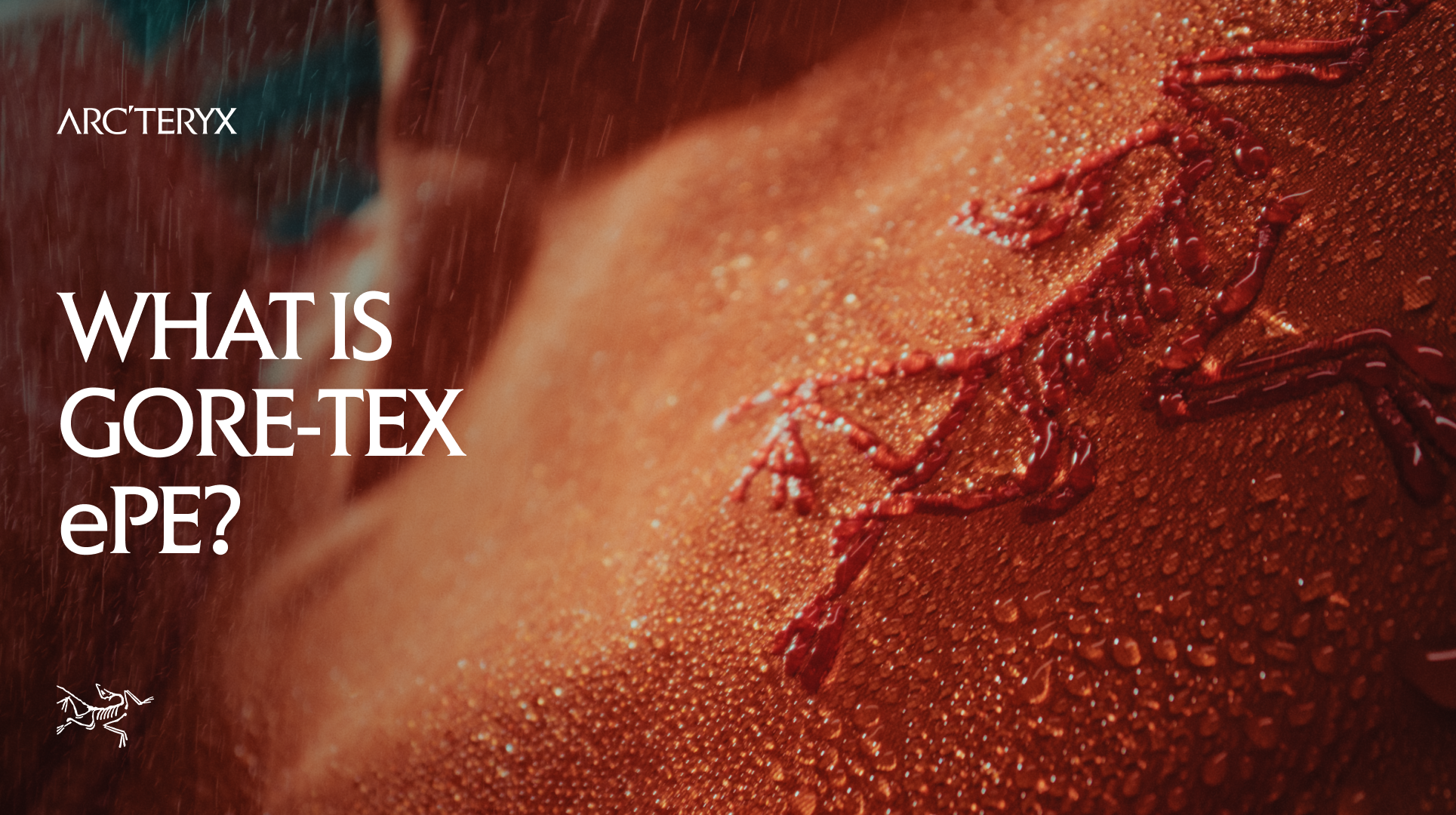 an advertisement for arcteryx shows a person in the rain