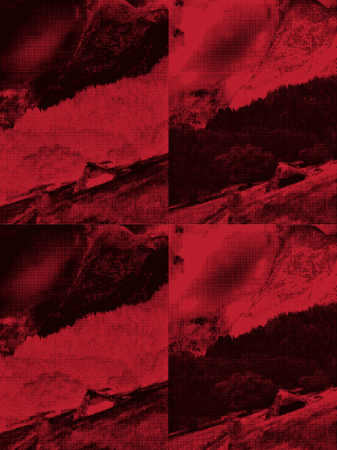 A 2x2 grid of dark red and black halftone mountain landscapes.
