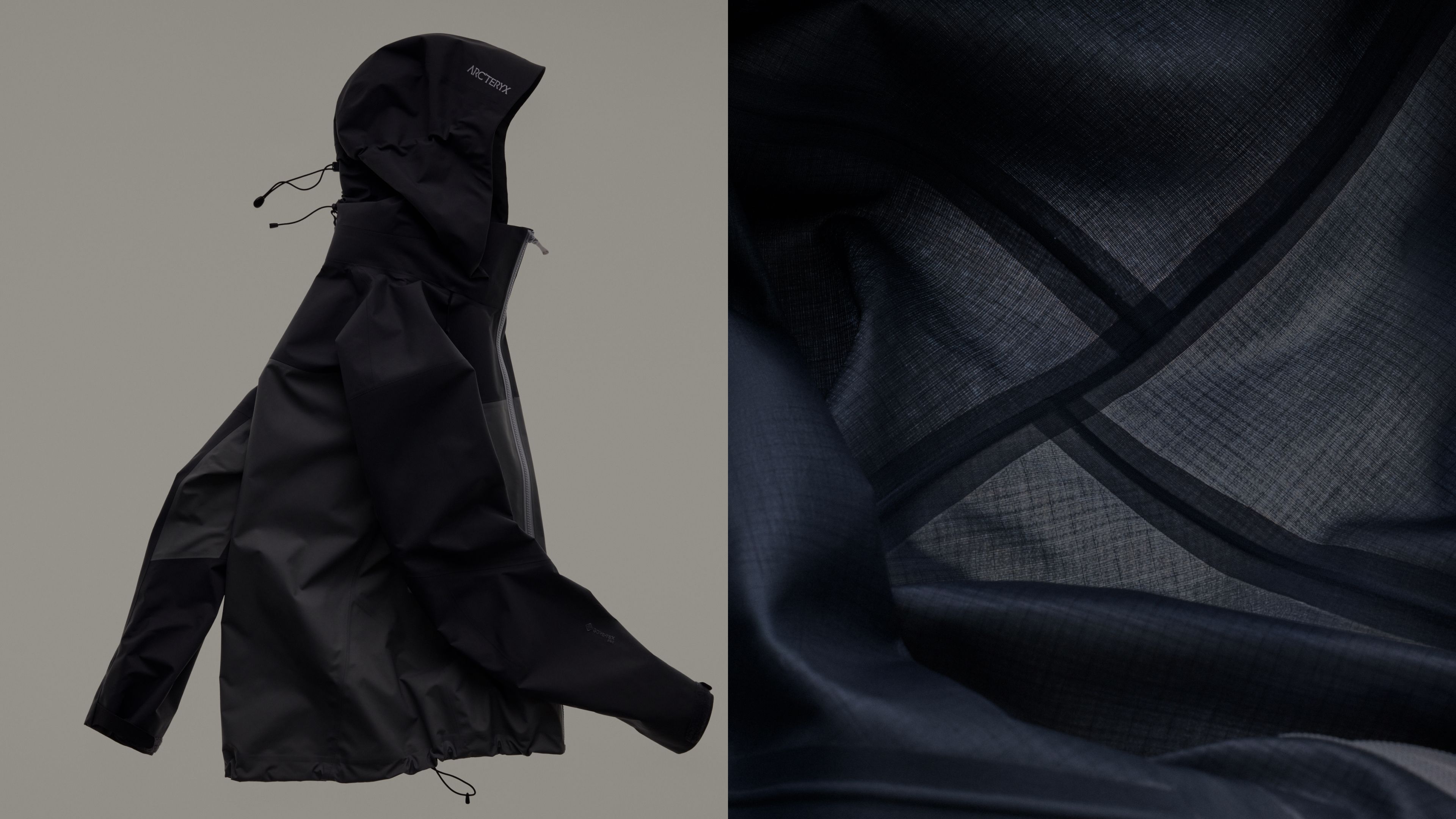 Black Arc'teryx technical jacket next to a close-up of its dark, patterned fabric.