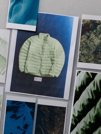 A light green puffer jacket in the center of a collage of natural landscape and texture photos.