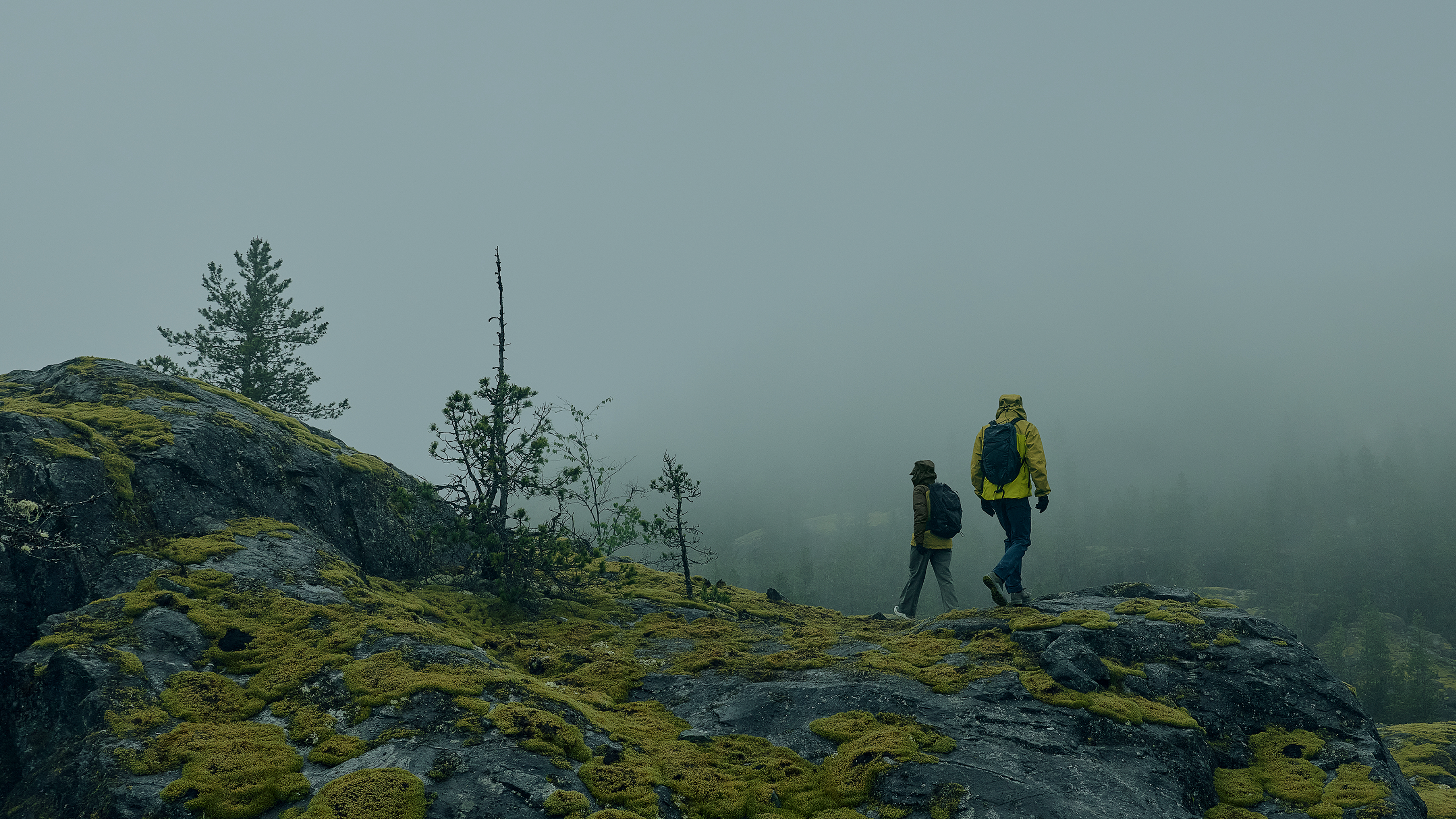 Two hikers with backpacks walk across moss-covered rocks in a dense fog.