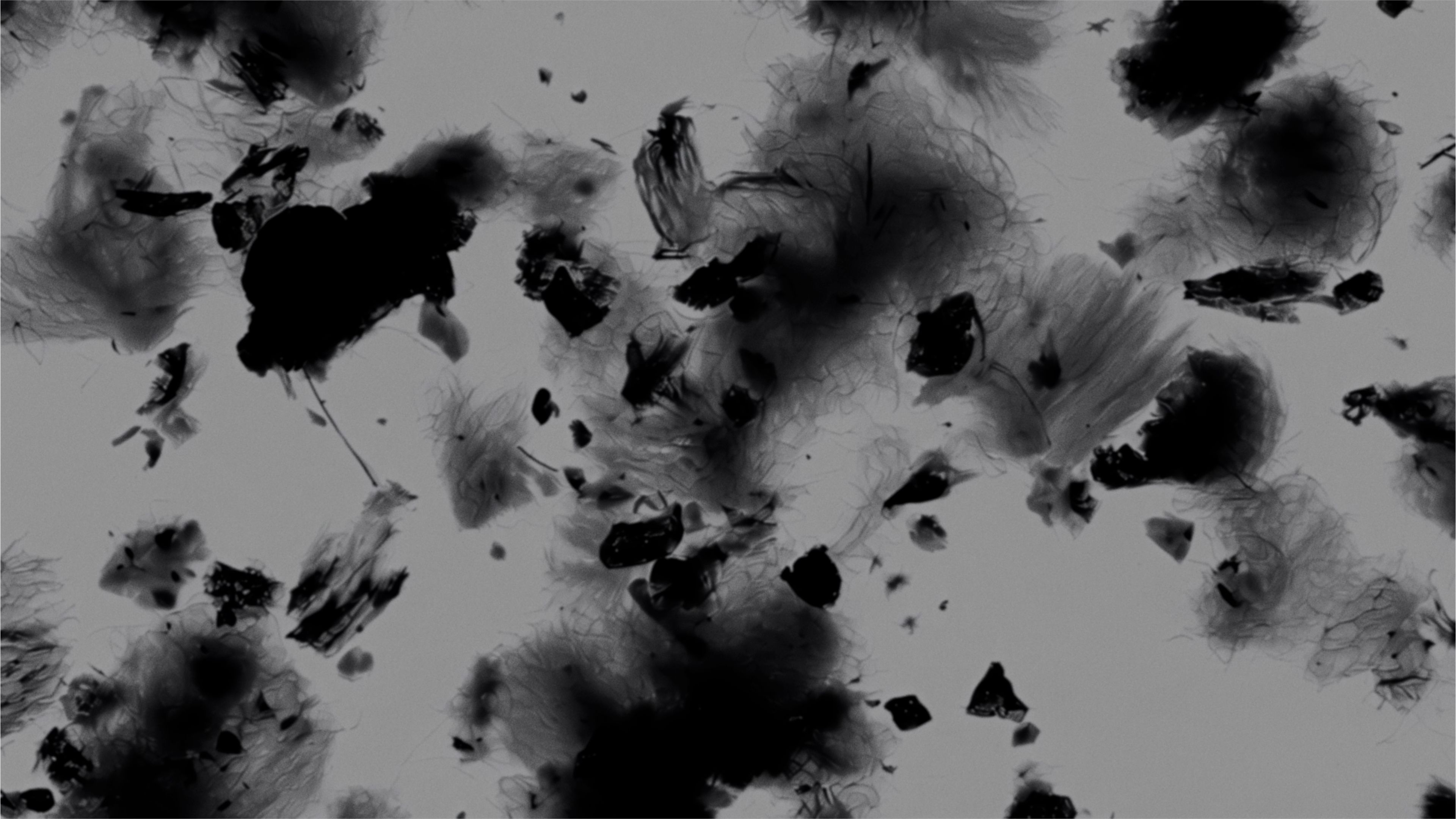 Microscopic image of dark, irregular particles and fibrous plumes against a grey background.