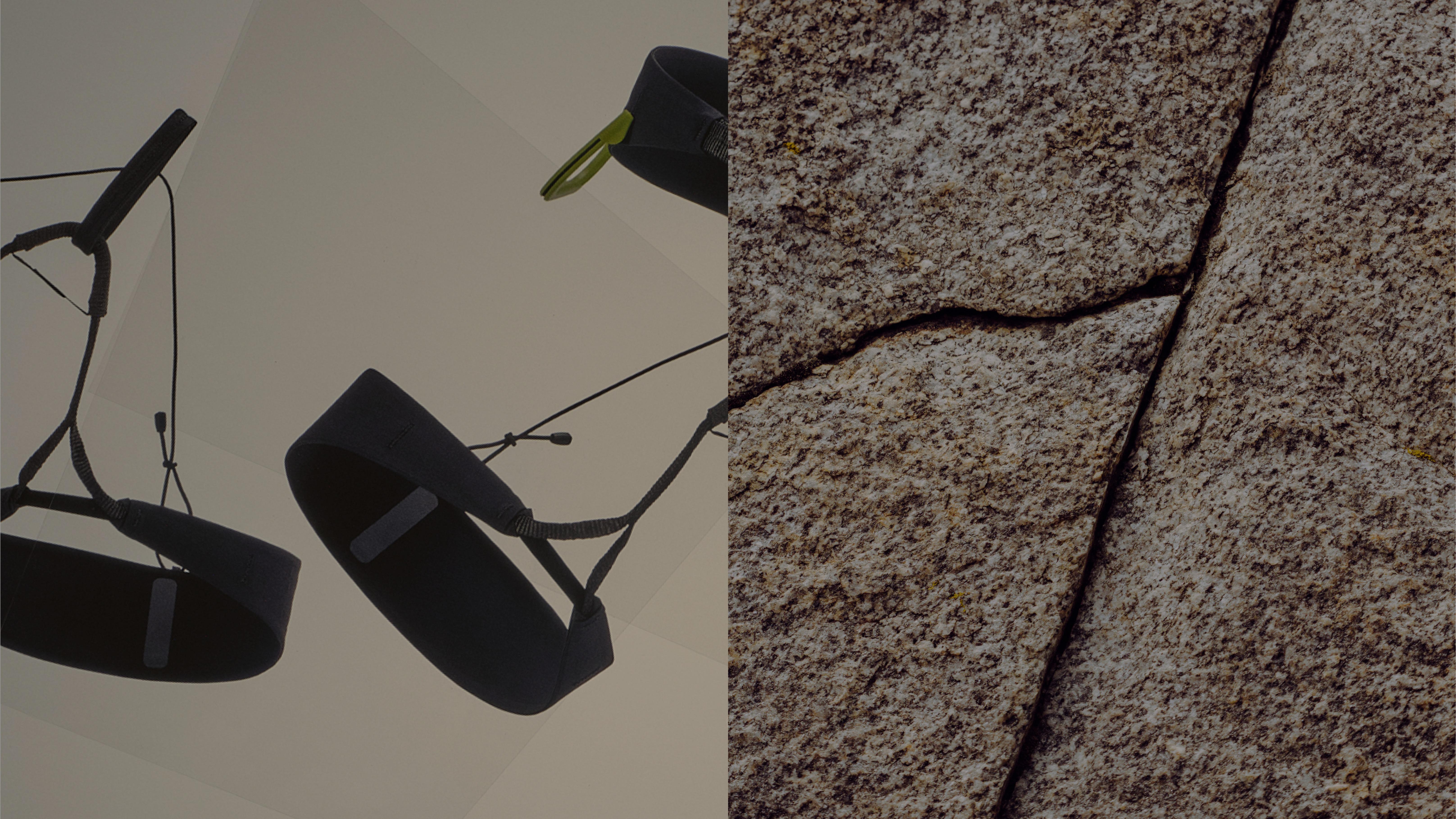 Split image of dark climbing harnesses on the left and a textured rock face on the right.