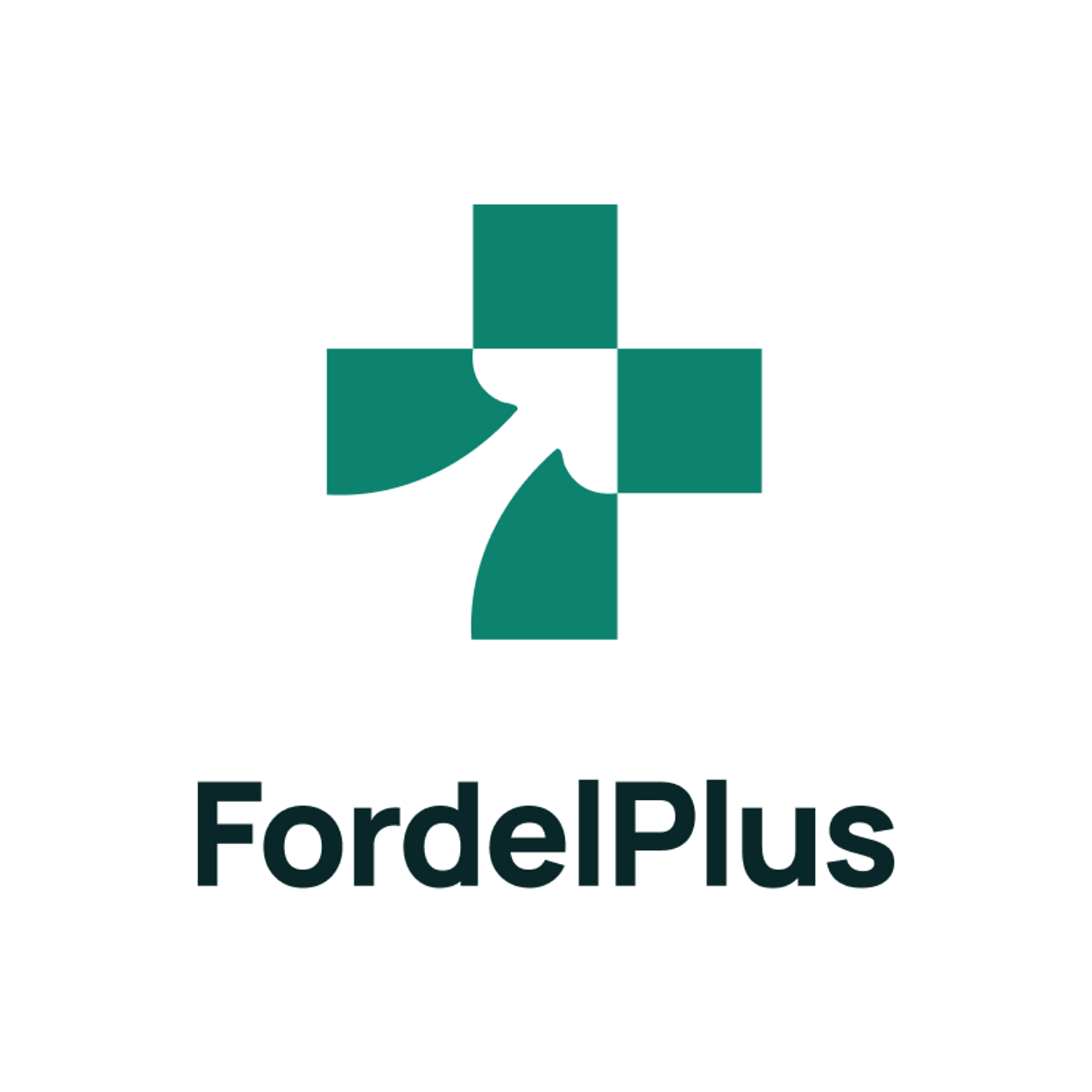 FordelPlus logo: et tealgrønt kors med en hvid pil, der buer opad.