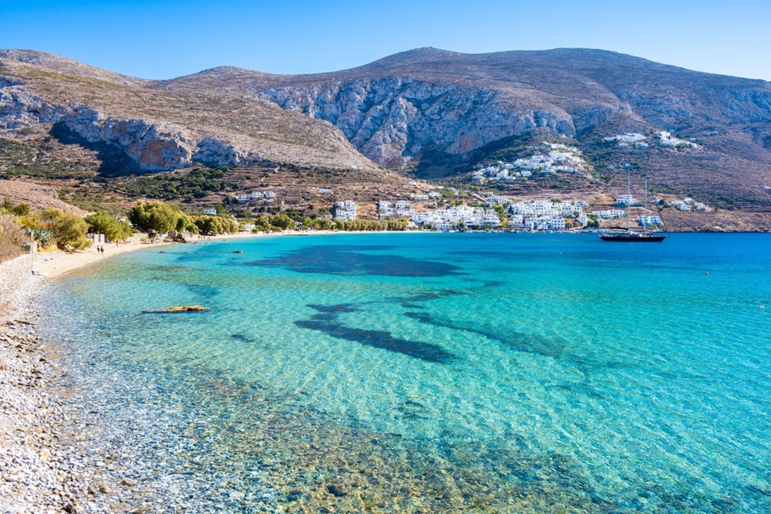 Clear turquoise water in a bay with a pebble beach, a white village by the mountains, and a distant sailboat. Naxos, Greece