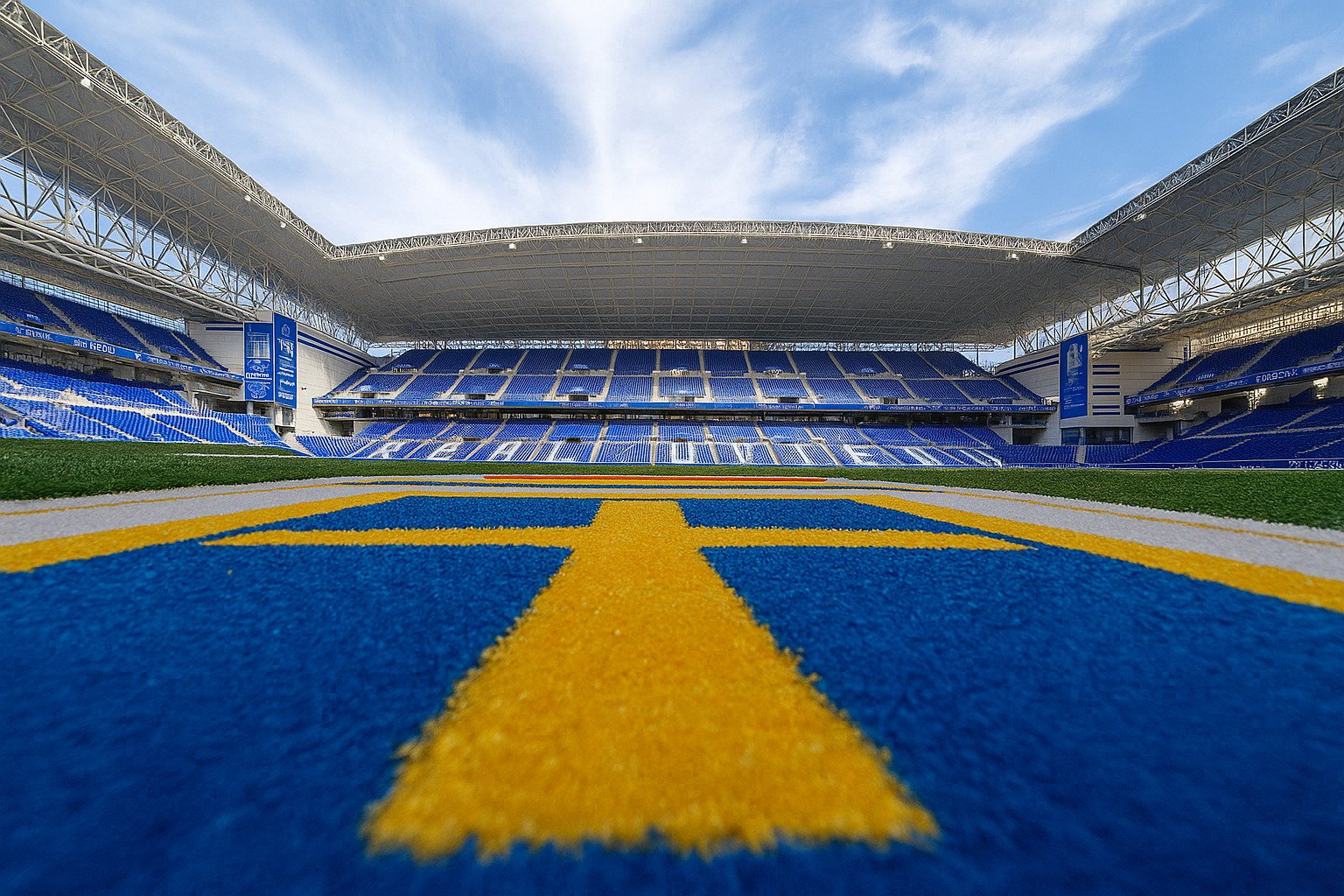 Leeres modernes Stadion mit blauen Sitzen, einem grünen Spielfeld und einer blauen Laufbahn mit gelben Markierungen.