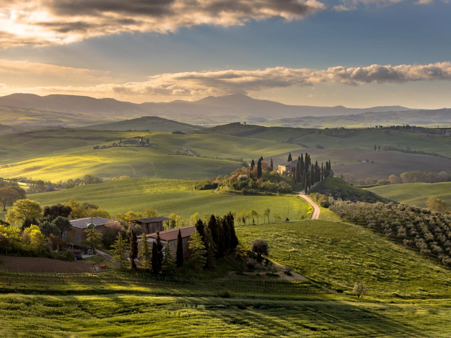 en vy av en frodig grön dal med berg i bakgrunden vid solnedgången