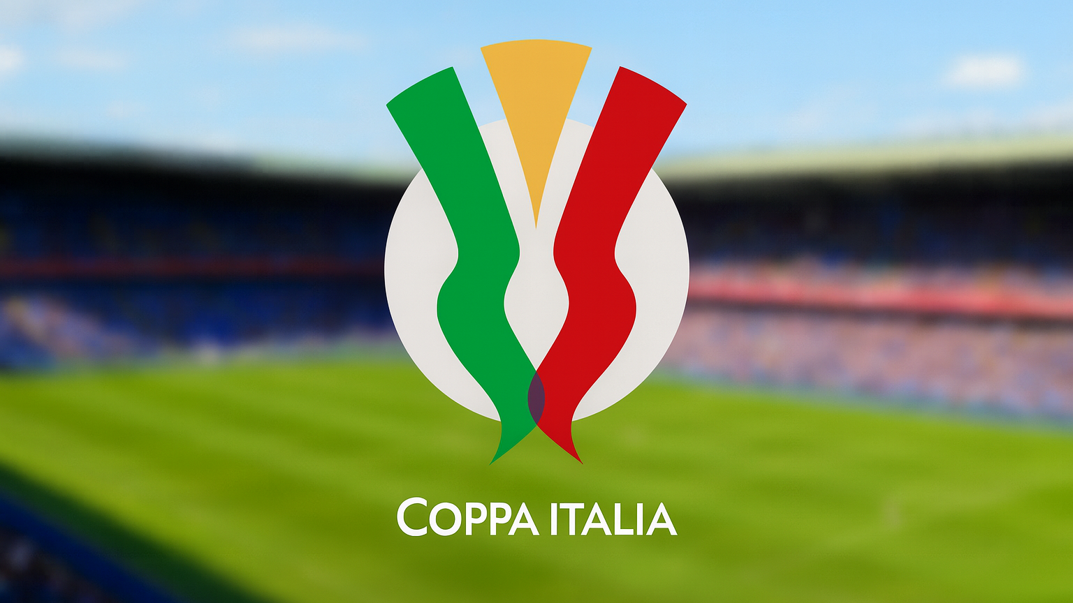 Coppa Italia-logo med grønne, gull og røde stiliserte elementer, med teksten "Coppa Italia" mot en uskarp fotballstadion.