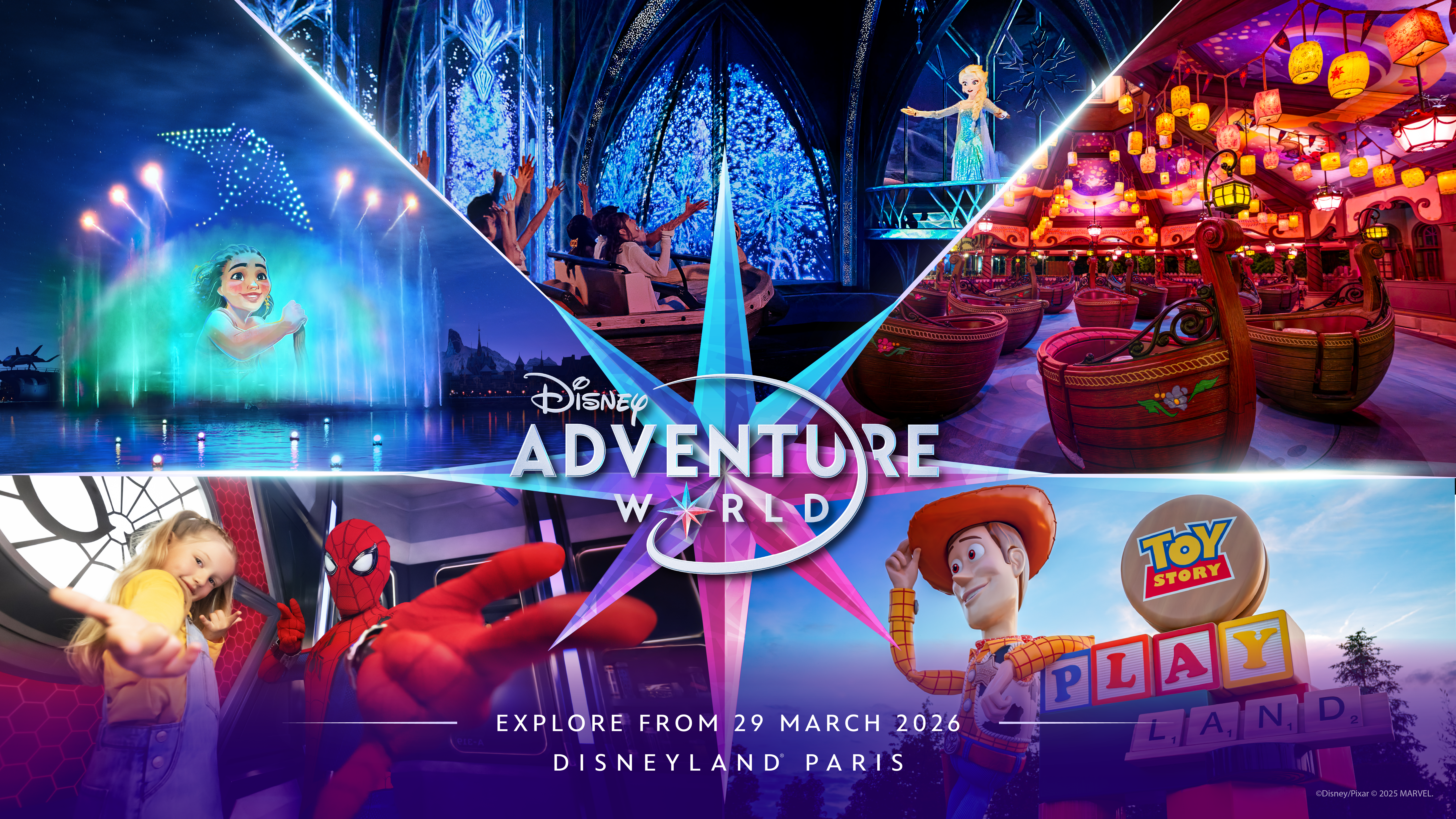 En collage som reklamerer for Disney Adventure World i Disneyland Paris, som viser scener med Moana, Elsa, Spider-Man, Woody og attraksjoner fra Frozen, Tangled og Toy Story.