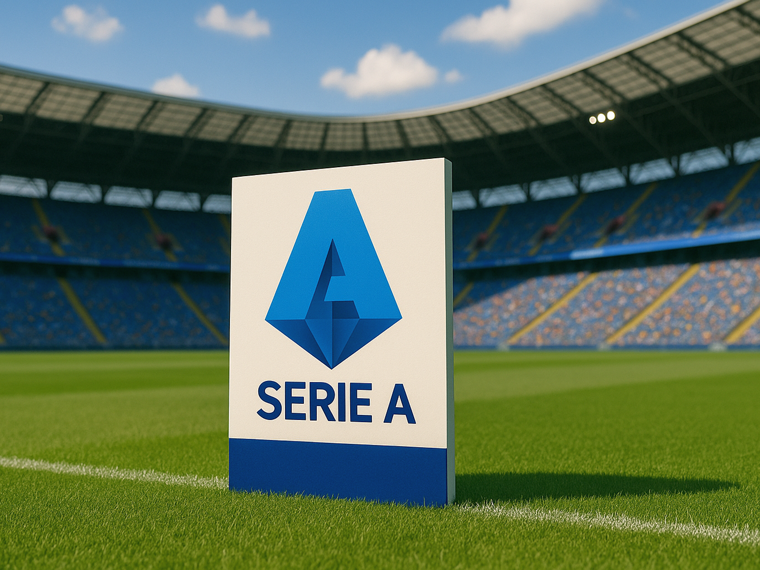 Serie A logo sign on a football pitch inside an empty stadium.