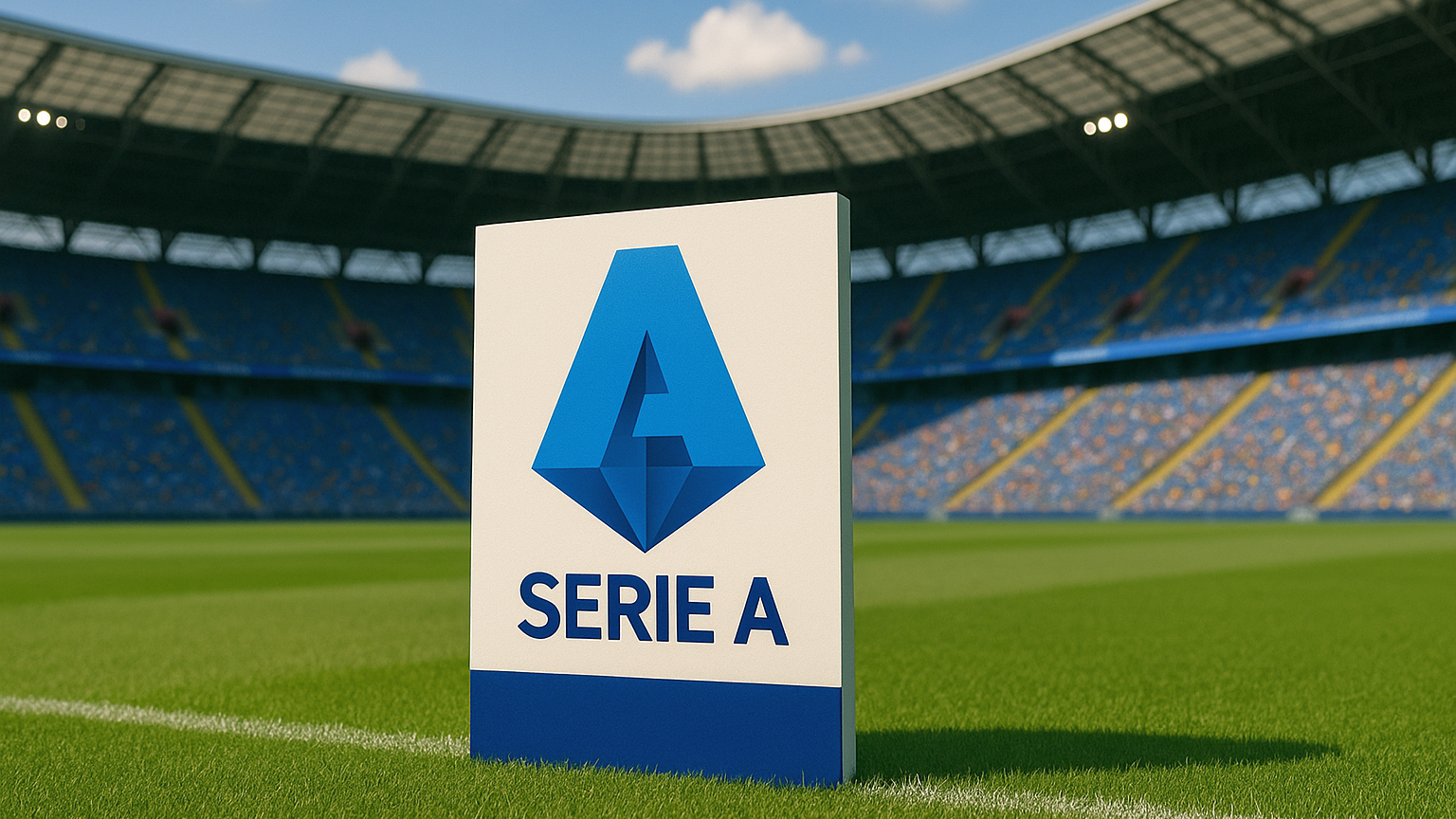 Logotipo de la Serie A en un campo de fútbol dentro de un estadio vacío.