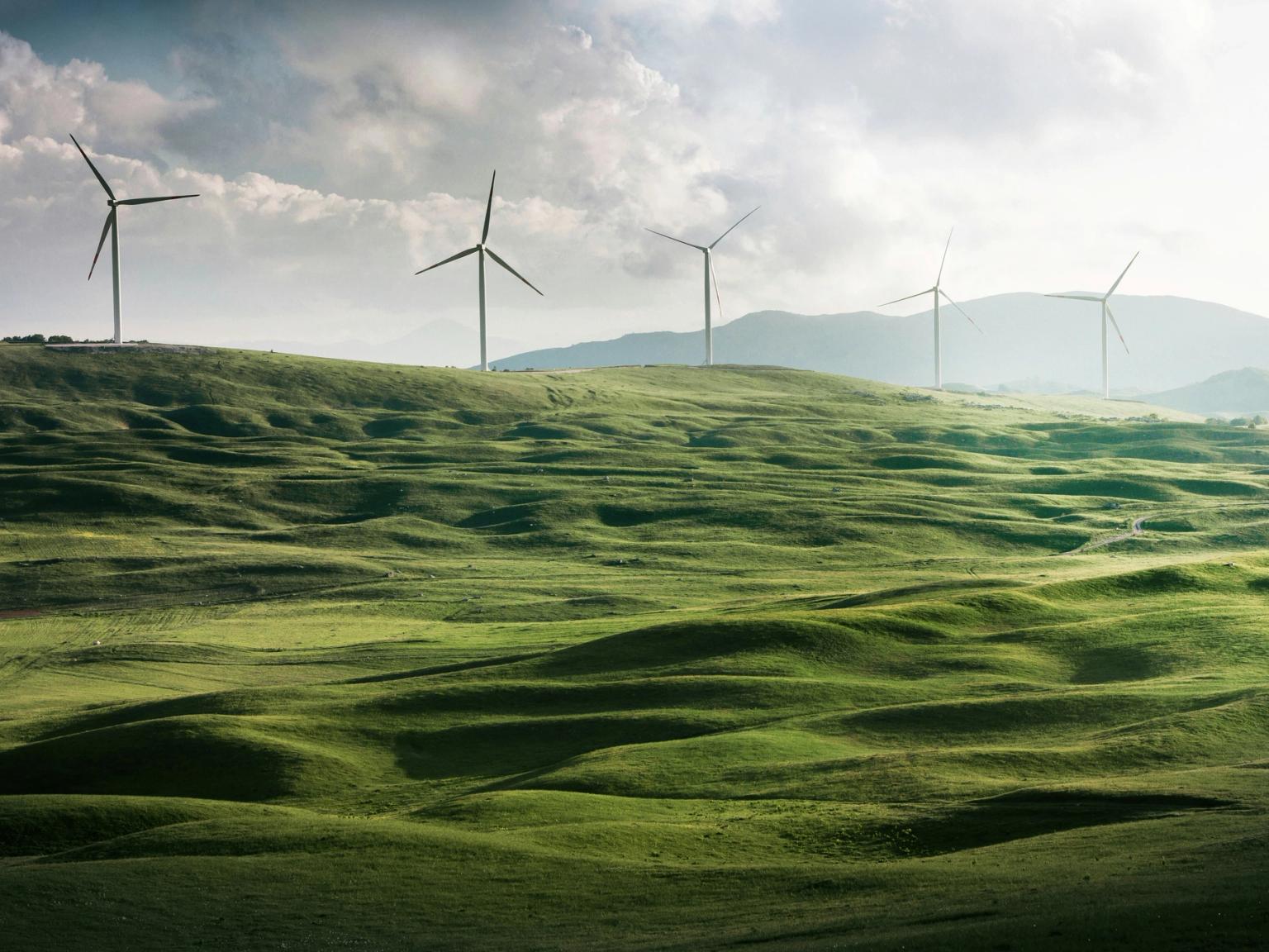 a group of wind turbines are sitting on top of a lush green hillside