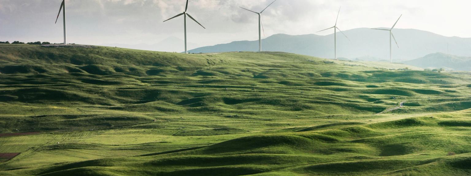 a group of wind turbines are sitting on top of a lush green hillside