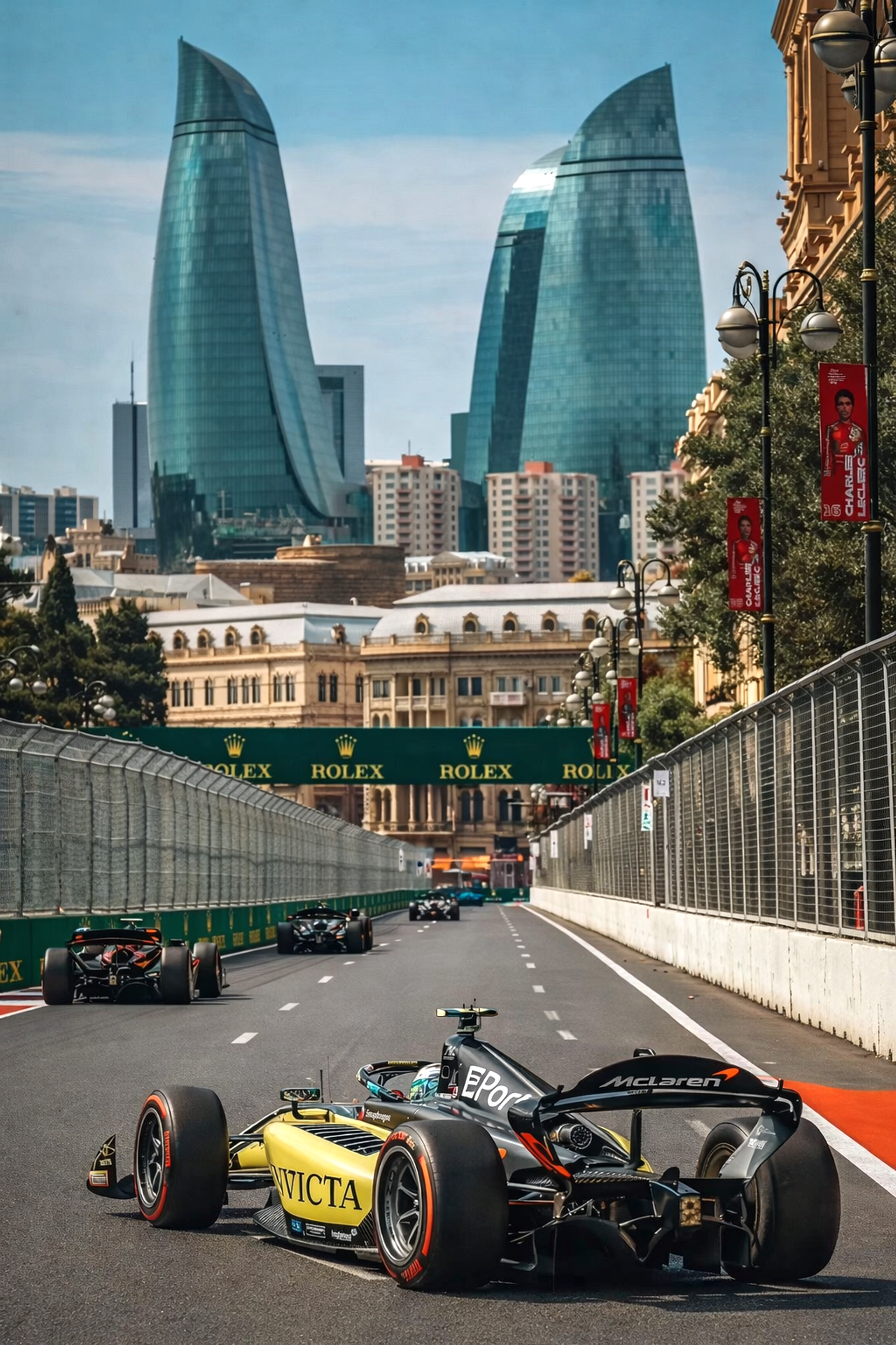 F1-autot katuradalla, taustalla Flame Towers ja historiallisia rakennuksia.