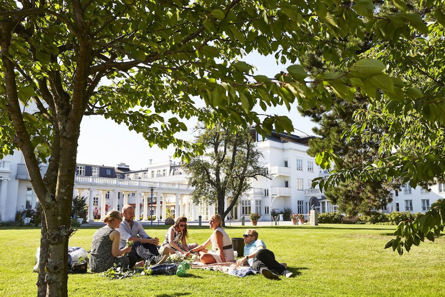 Fem personer har picknick på en solig grön gräsmatta framför en storslagen vit byggnad.