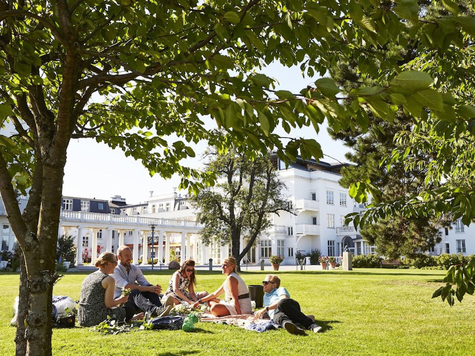 Fem personer holder picnic på en solrig grøn græsplæne foran en storslået hvid bygning.