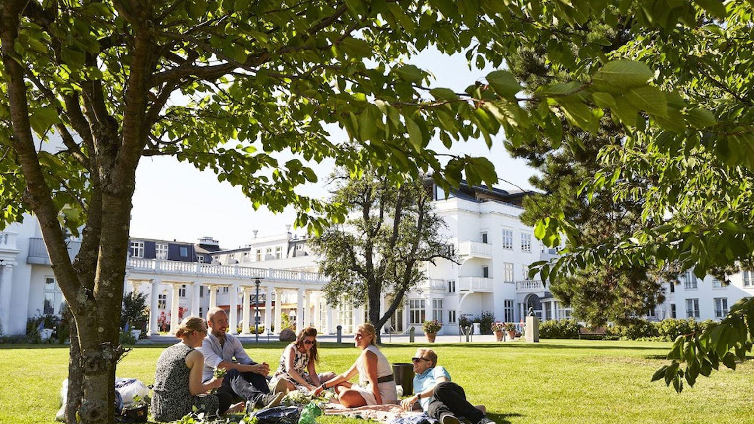 Fem personer har picknick på en solig grön gräsmatta framför en storslagen vit byggnad.