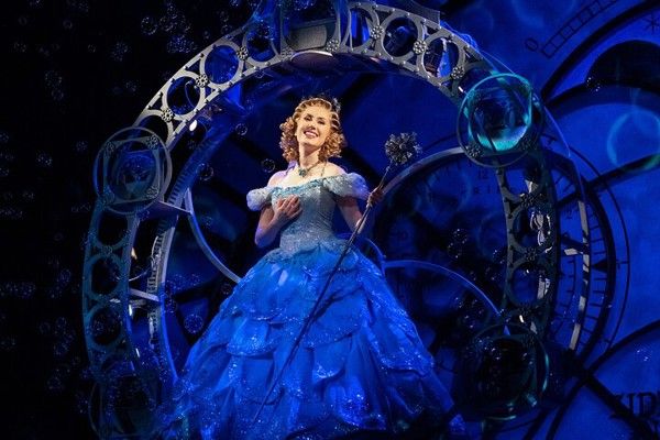 Glinda the Good Witch in a shimmering blue gown, holding a wand, within an ornate archway with bubbles.
