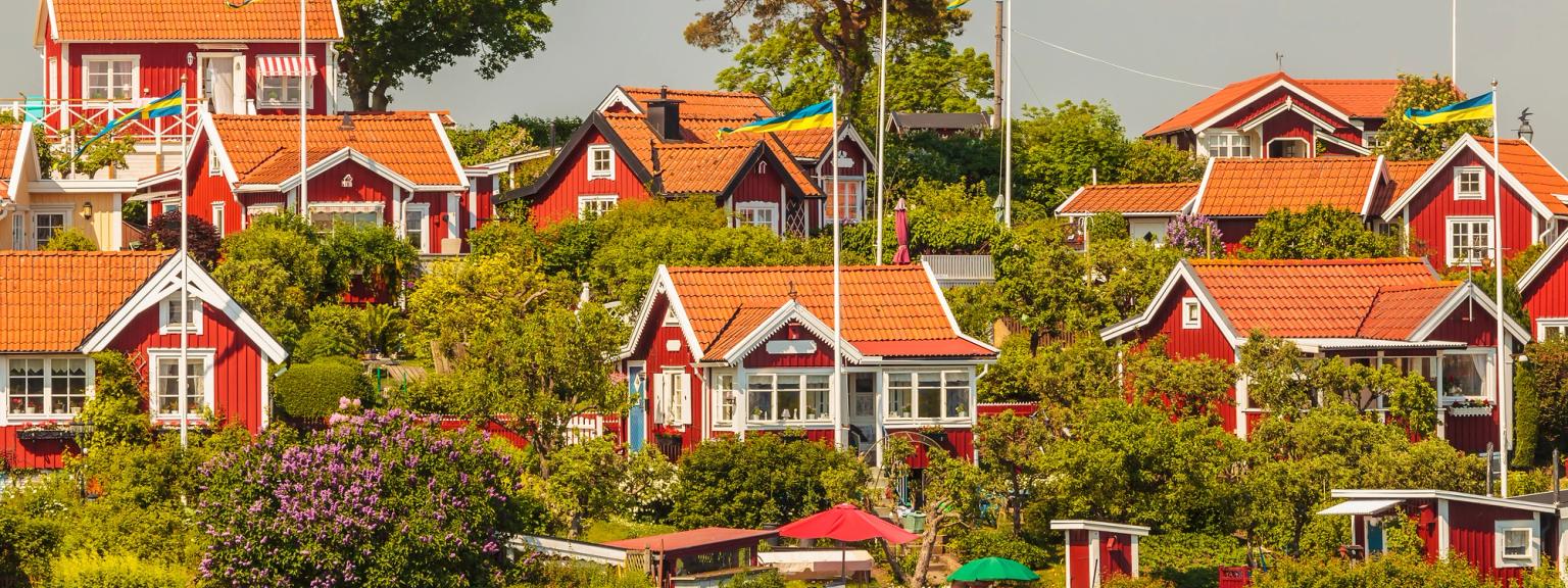 eine Gruppe roter Häuser, die auf einem Hügel neben einem Gewässer sitzen