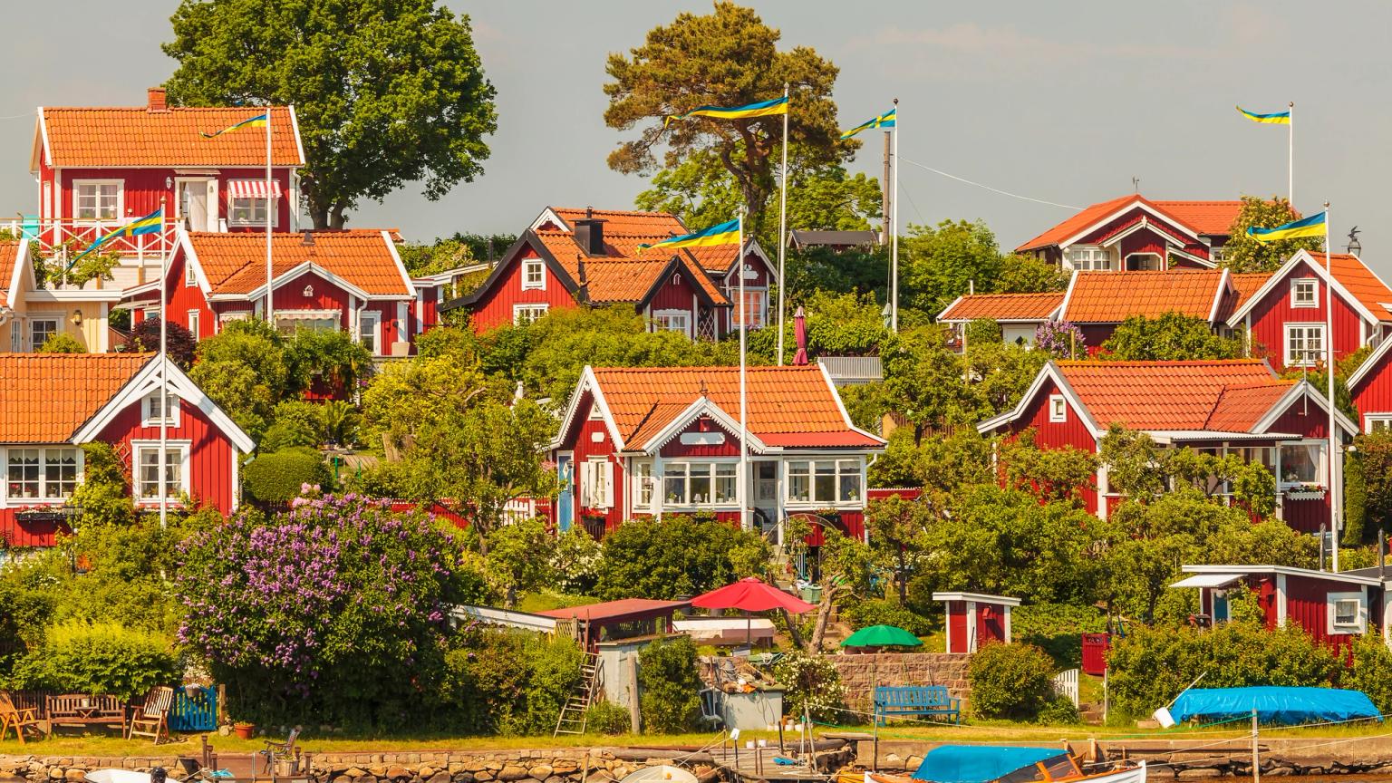 eine Gruppe roter Häuser, die auf einem Hügel neben einem Gewässer sitzen