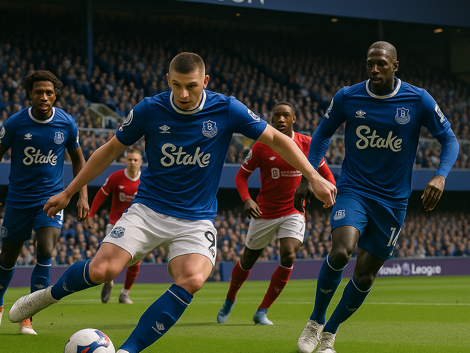 Um jogador de futebol com uma camisa azul se prepara para chutar uma bola em um campo verde, com outros jogadores e uma multidão no estádio ao fundo.