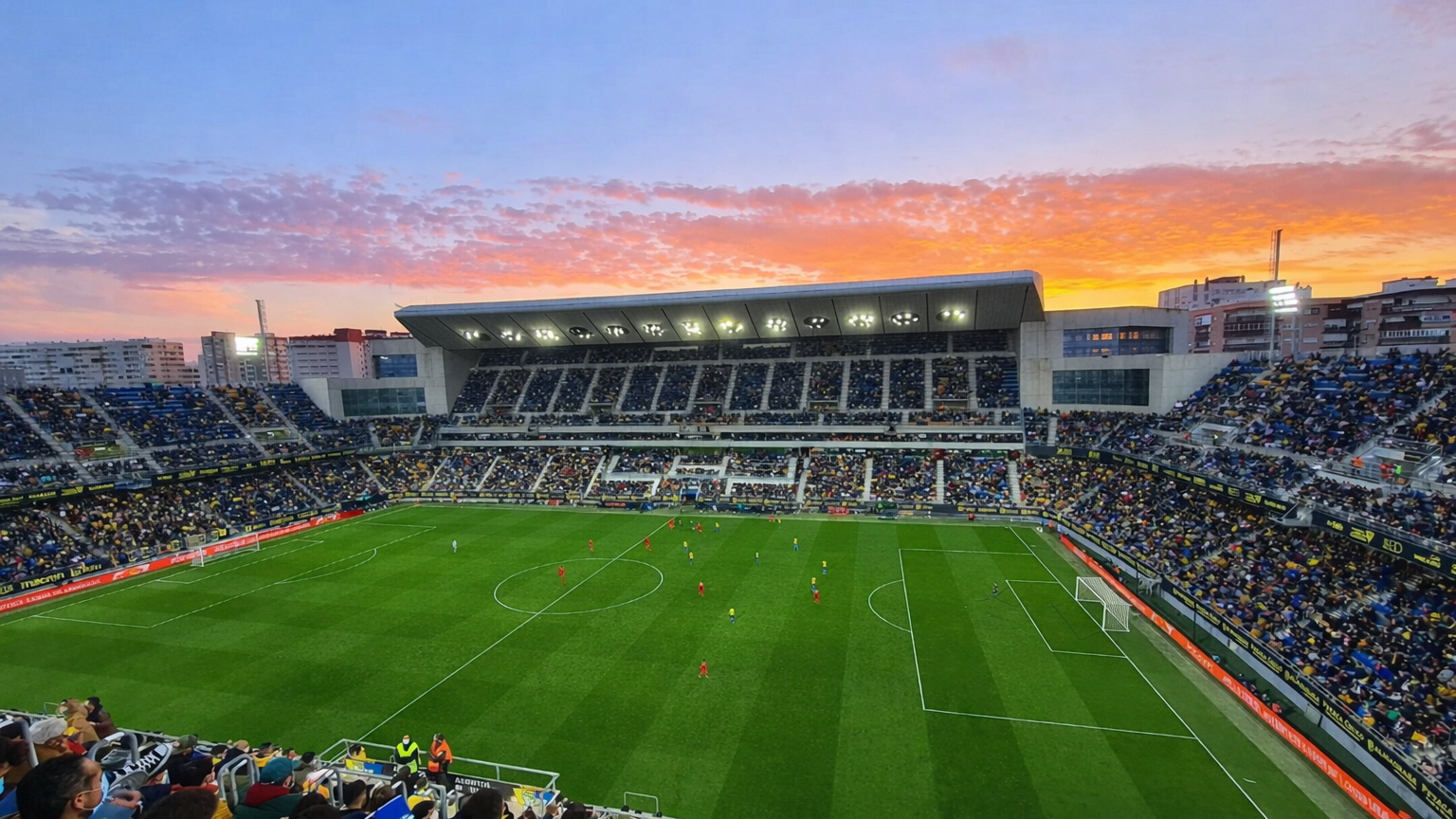 En livlig solnedgångshimmel över en fullsatt fotbollsstadion under en match.