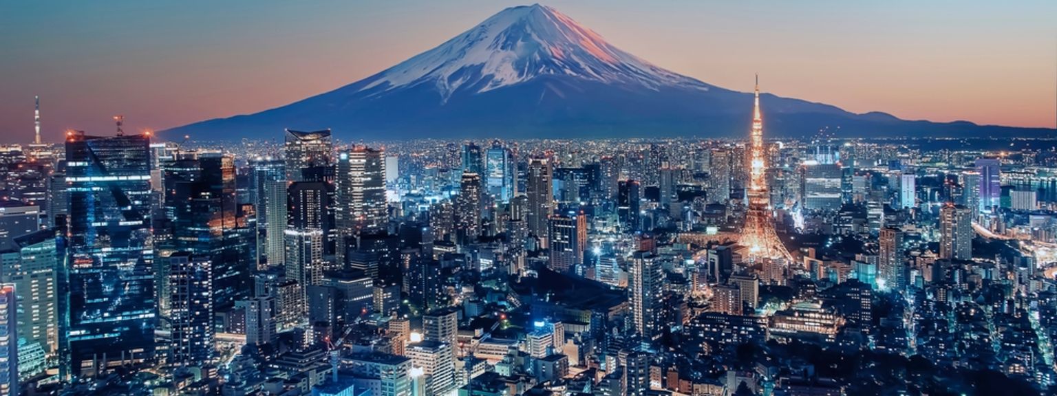Natlig luftudsigt over Tokyo med Mount Fuji og Tokyo Tower.