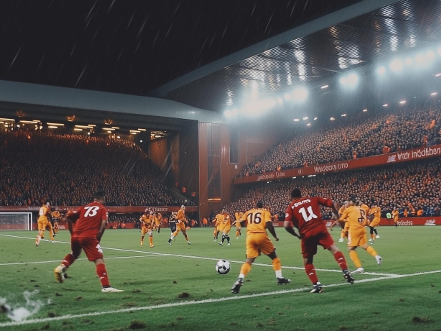 a soccer game is being played in the rain in a stadium