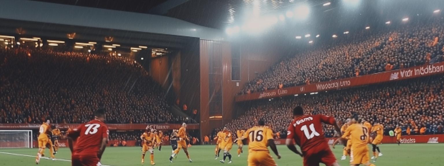a soccer game is being played in the rain in a stadium