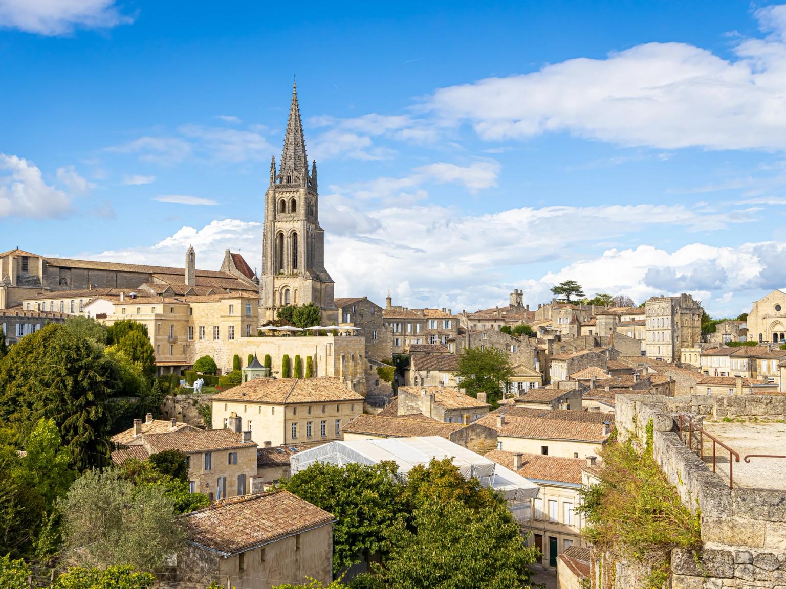 an aerial view of a small town with a cathedral in the background