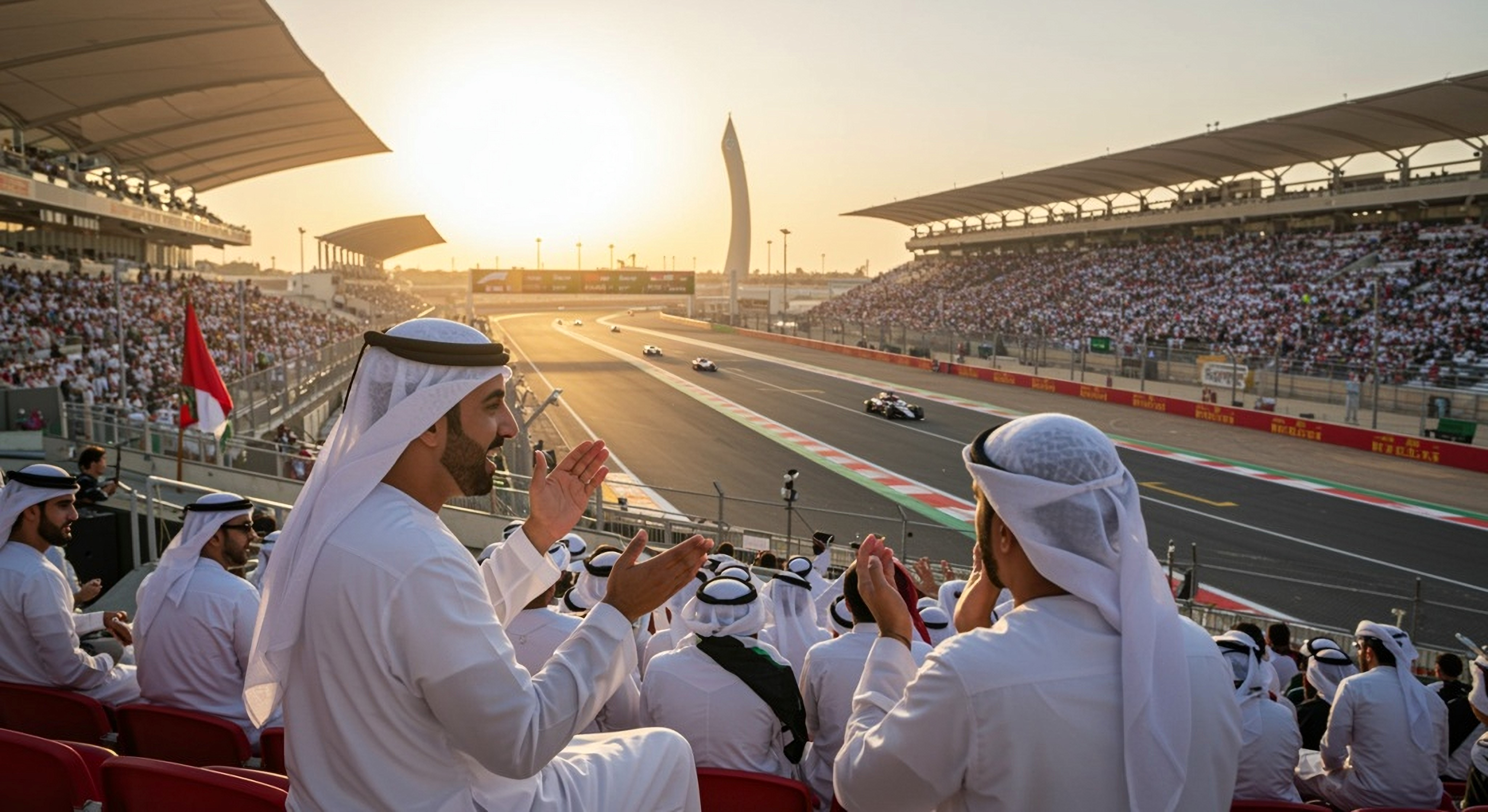 Spectators in traditional attire applaud a race on a track at sunset.