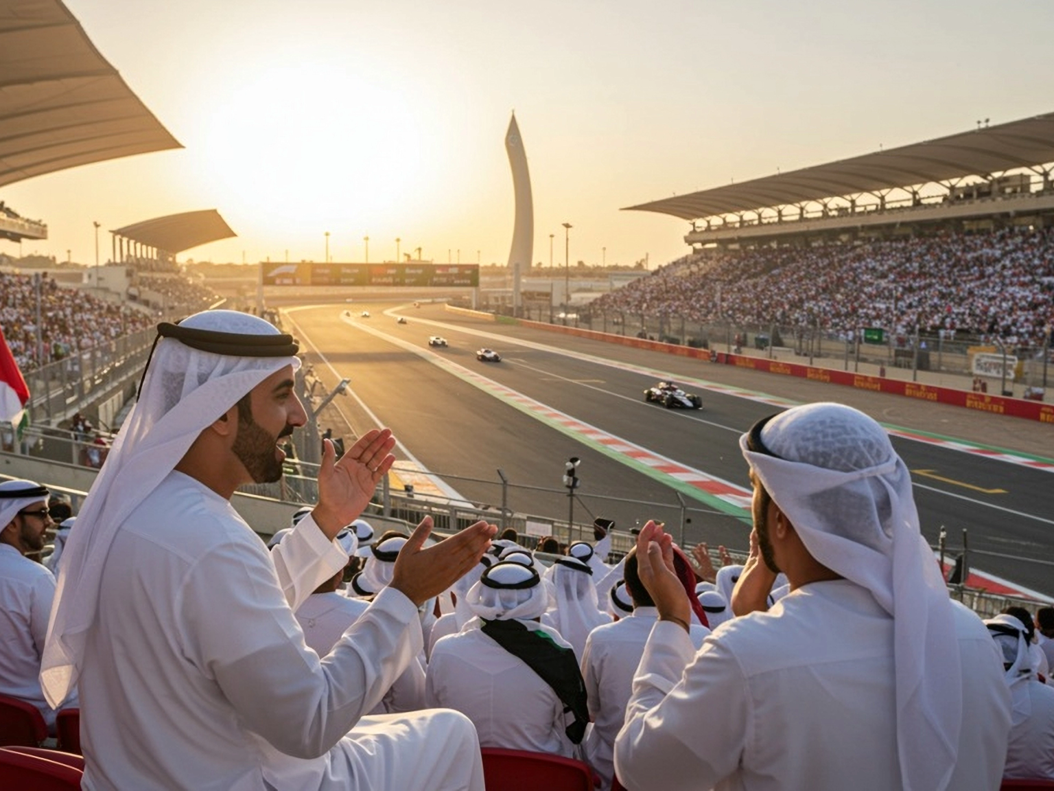 Spectators in traditional attire applaud a race on a track at sunset.