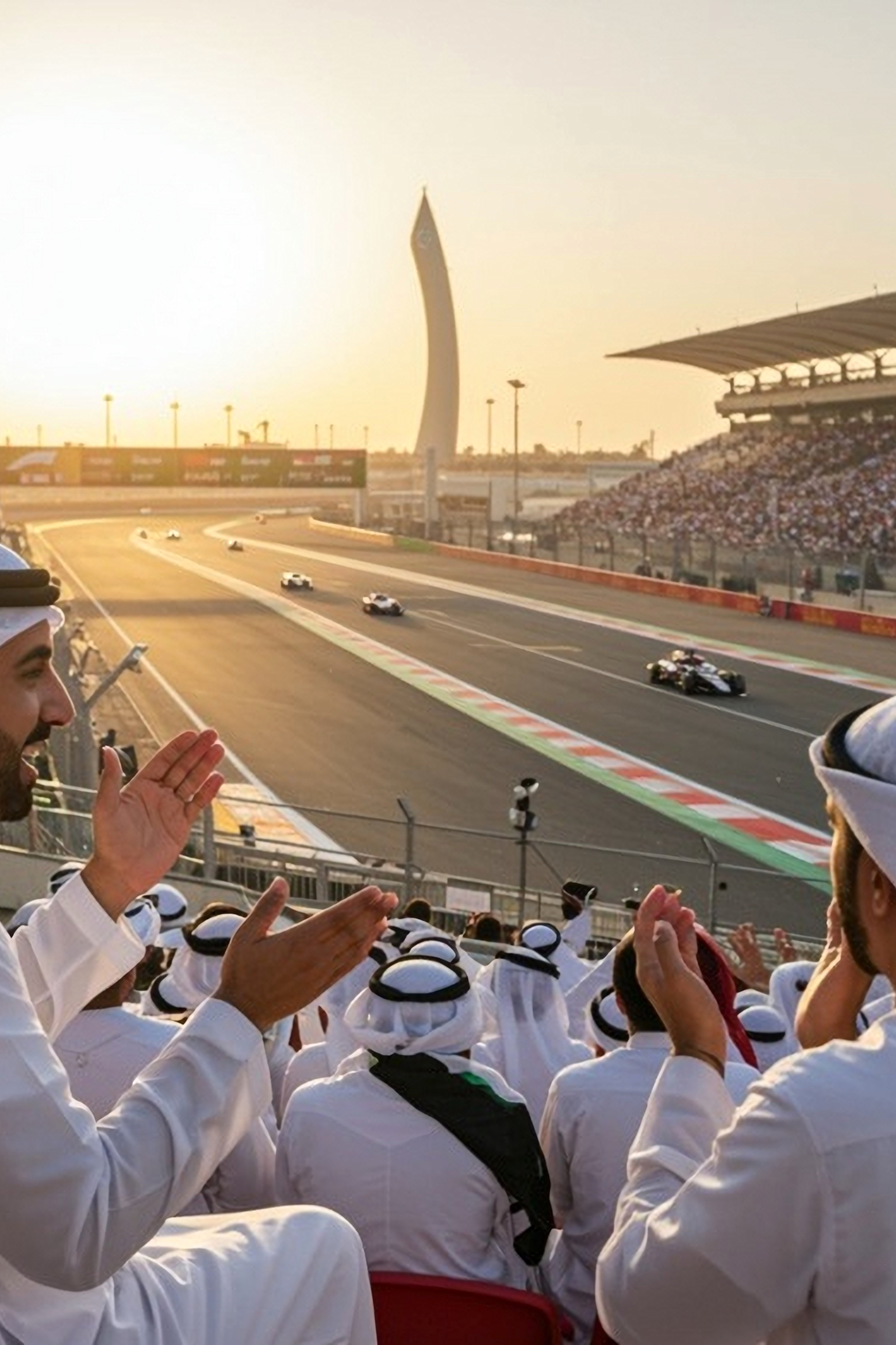 Spectators in traditional attire applaud a race on a track at sunset.
