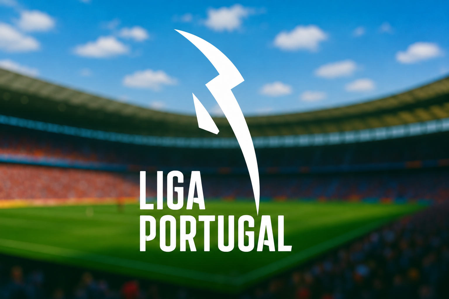 Valkoinen Liga Portugal -logo salamagrafiikalla, sumean jalkapallostadionin yllä.