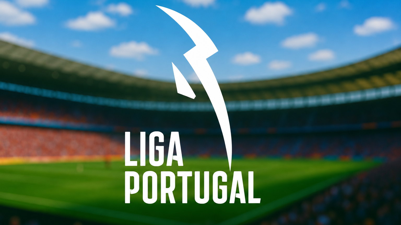 White Liga Portugal logo with a lightning bolt graphic, over a blurred football stadium.