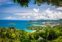 una vista de una playa tropical desde un bosque verde exuberante