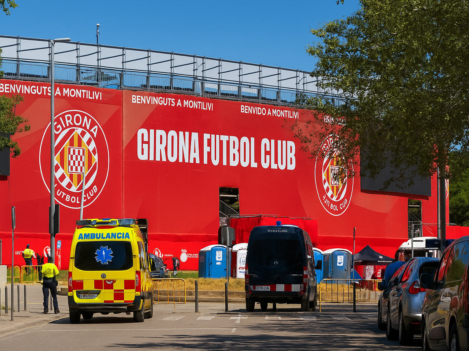 A yellow ambulance and other vehicles are parked outside a stadium with a large red banner displaying 'GIRONA FUTBOL CLUB' and its crest.